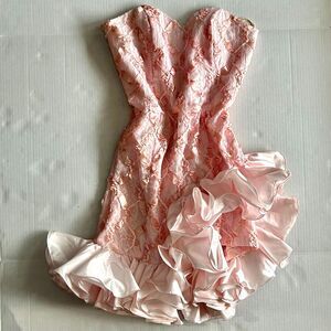 VTG 80s Blush Pink Lace and Satin Strapless Ruffle Dress with Bolero, 13/14 Jr.